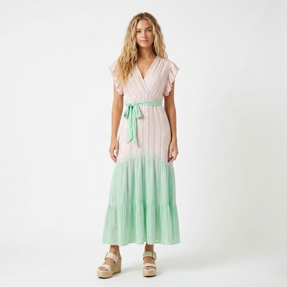 Zury Pastel Pink Mint Green Gold Metallic Stripe Wrap Ruffle Boho Maxi Dress OS